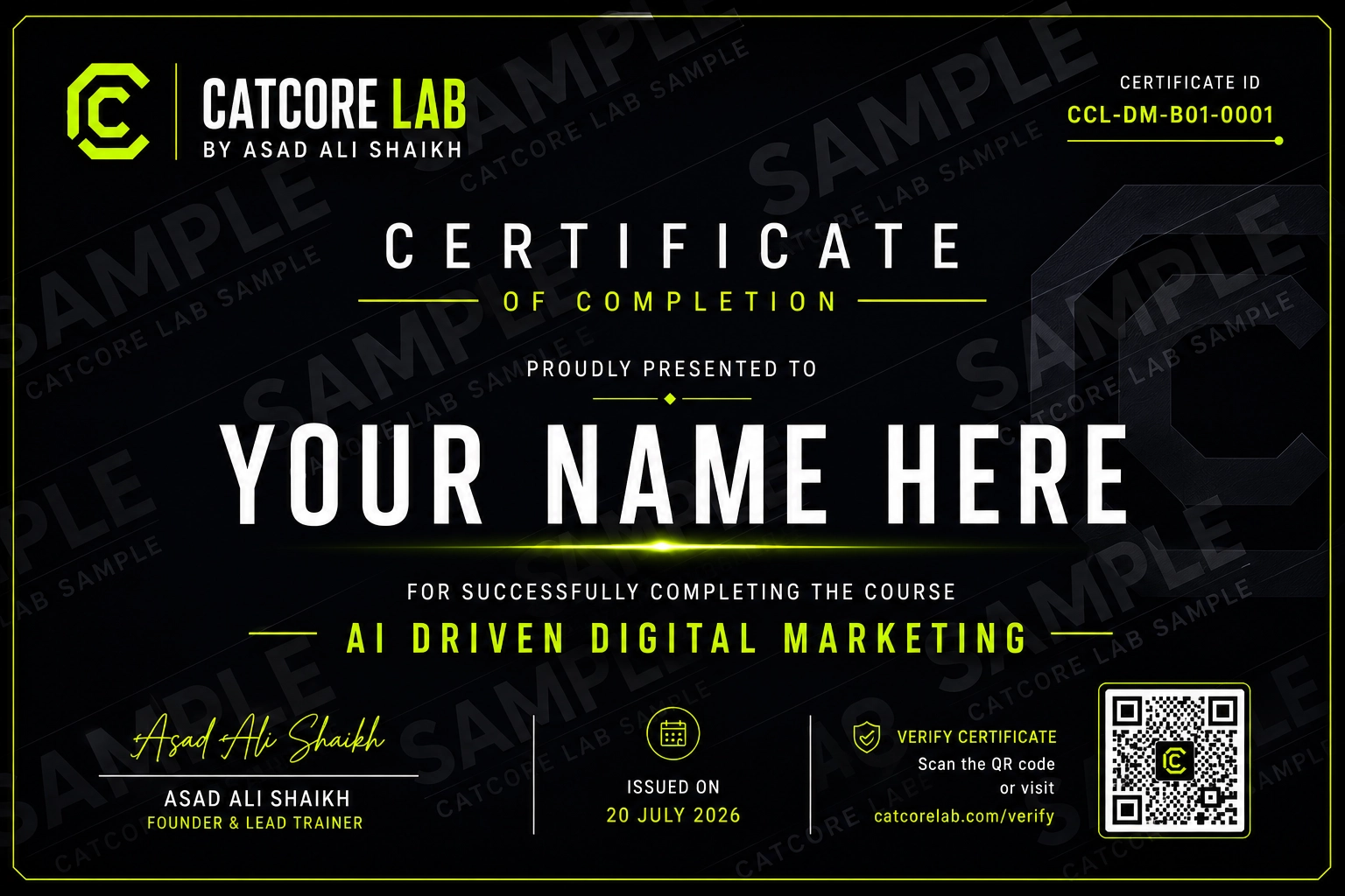 Official sample Catcore Lab AI Digital Marketing completion certificate